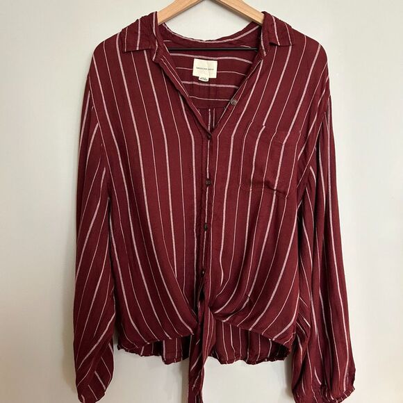 American Eagle Burgundy Striped Tie Front Blouse - Picture 1 of 10